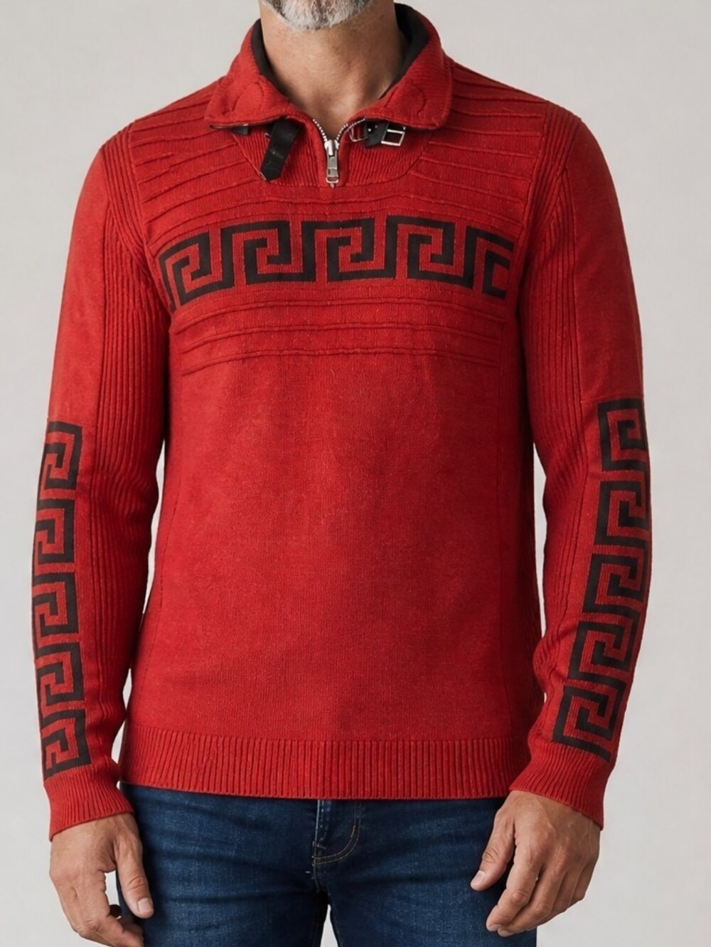Men's Red Zip-Up Sweater with Black Geometric Banding